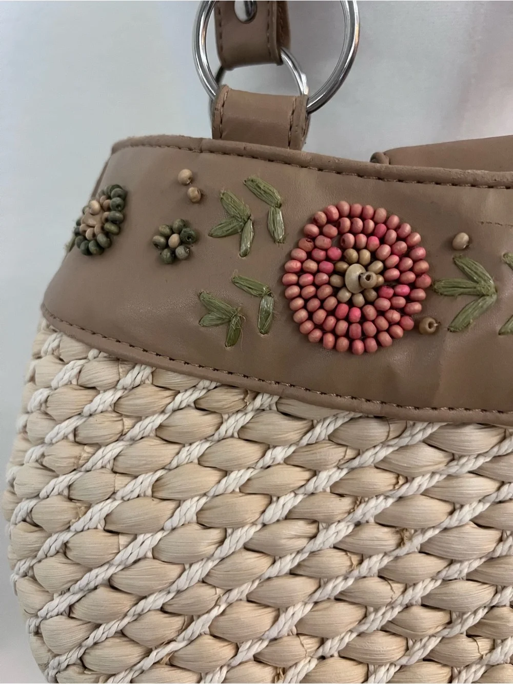 Avon Beige Woven Shoulder Bag with Floral Embellishments